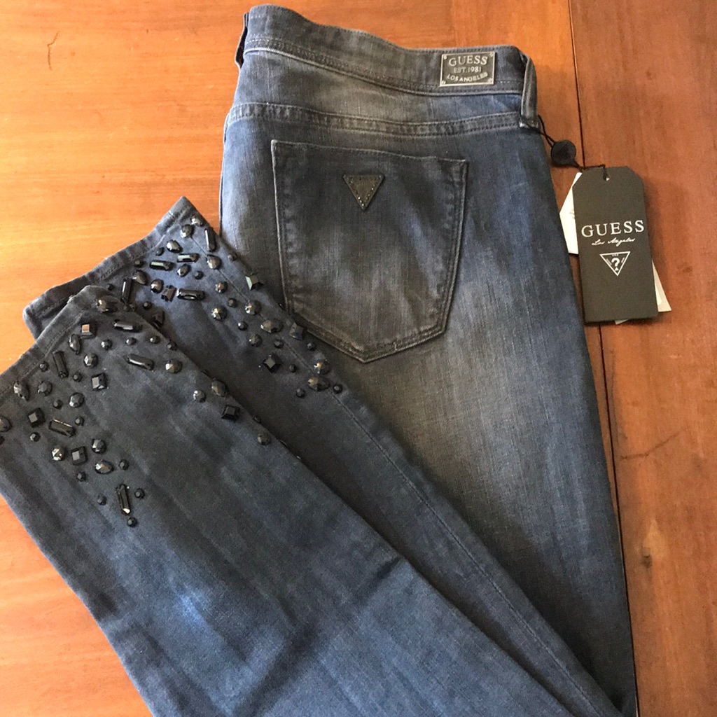 Nwt Guess Jeans Beverly Skinny Black Rhinestones